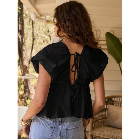 Puff Top in Black V-Neck Short Sleeve Tie Back Babydoll Style - Picture 2 of 8